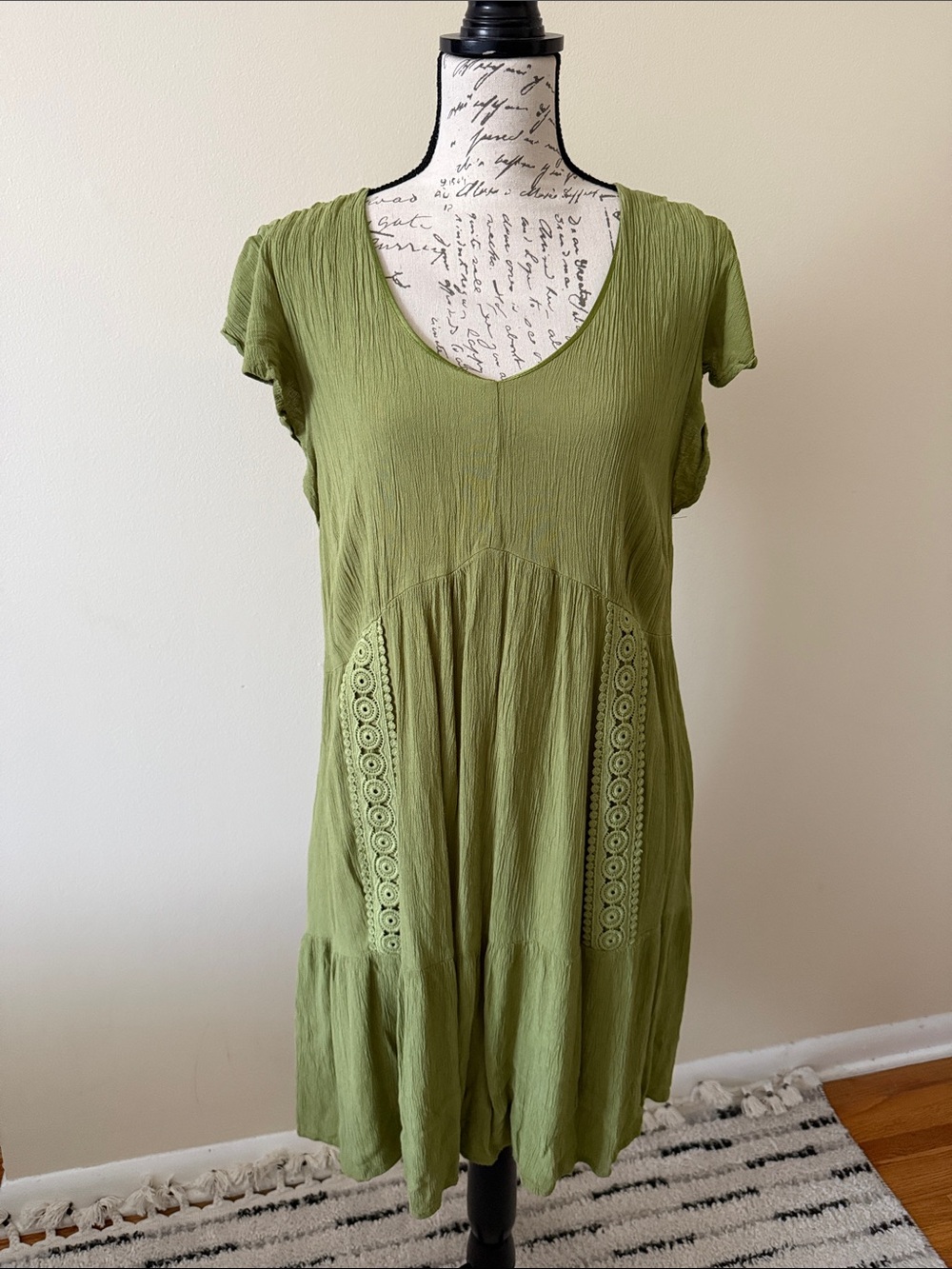 New York & Company Olive Green Midi Dress with Lace Panels